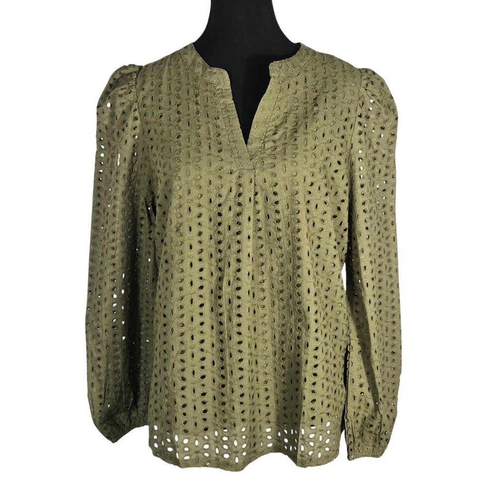 NWT | Olive Green Eyelet Embroidered Lace V-Neck Blouse Puff Sleeve | Medium